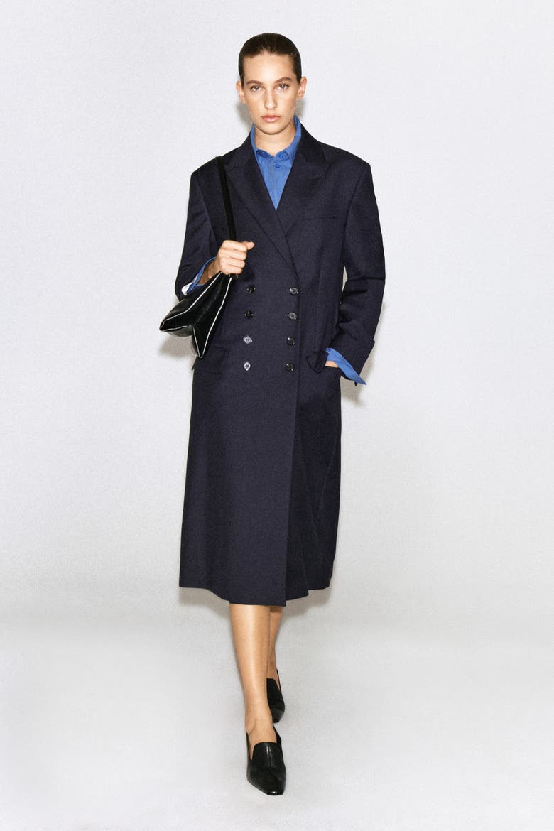 Wool Double-Breasted Longline Blazer, Main, color, NAVY