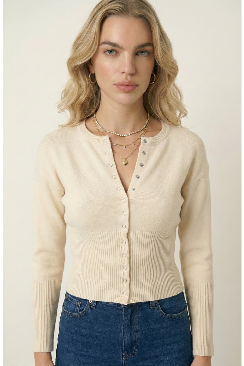 Fitted Pearlized Buttoned Ribbed Cardigan, Main, color, Ivory