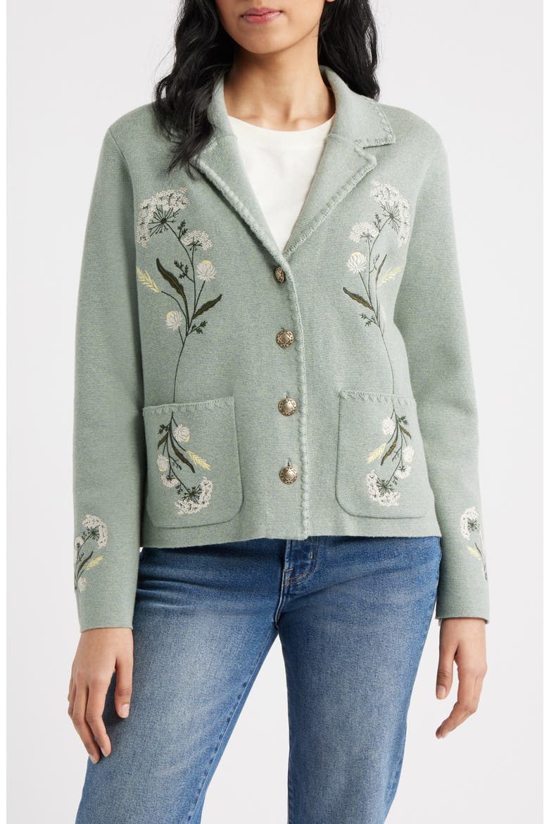 Souvenir Floral Button Front Cardigan, Main, color, SEAFOAM HEATHER