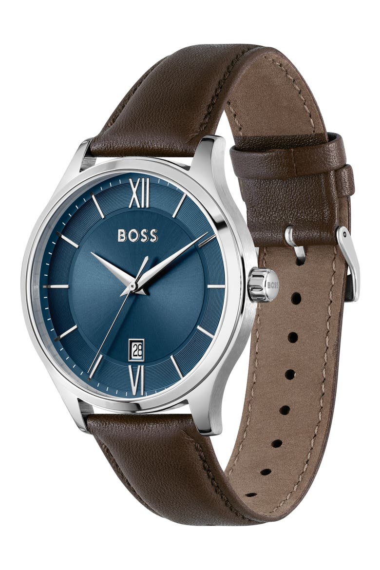 Elite Leather Strap Watch, 41mm, Alternate, color, BLUE DIAL