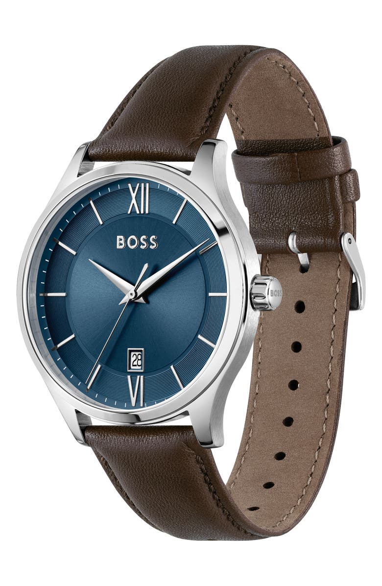 BOSS Elite Leather Strap Watch, 41mm, Alternate, color, Blue