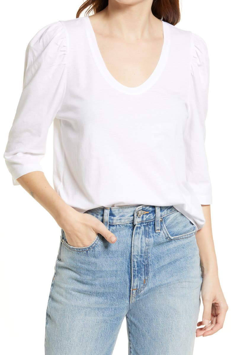 Treasure & Bond U-Neck Puff Sleeve Organic Cotton Blend Top, Main, color,