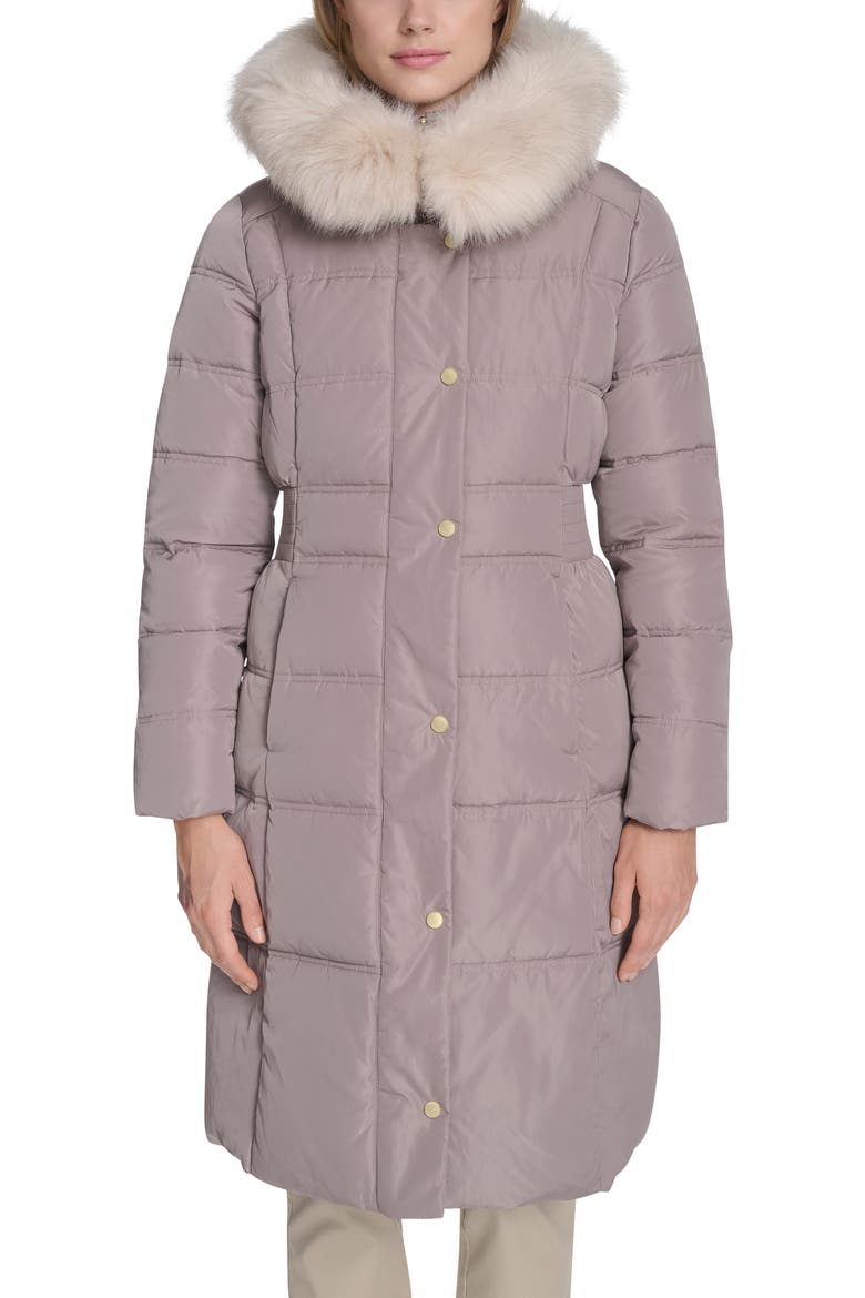 Hooded Puffer Coat with Bib & Faux Fur Trim, Main, color, CASHEW