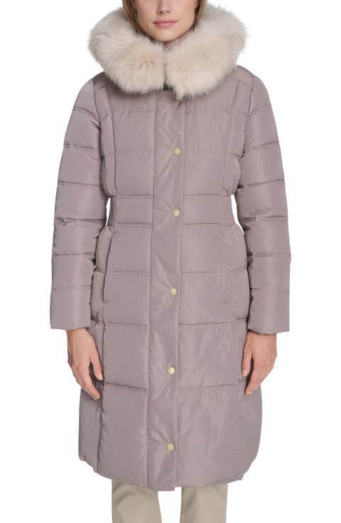 Hooded Puffer Coat with Bib & Faux Fur Trim