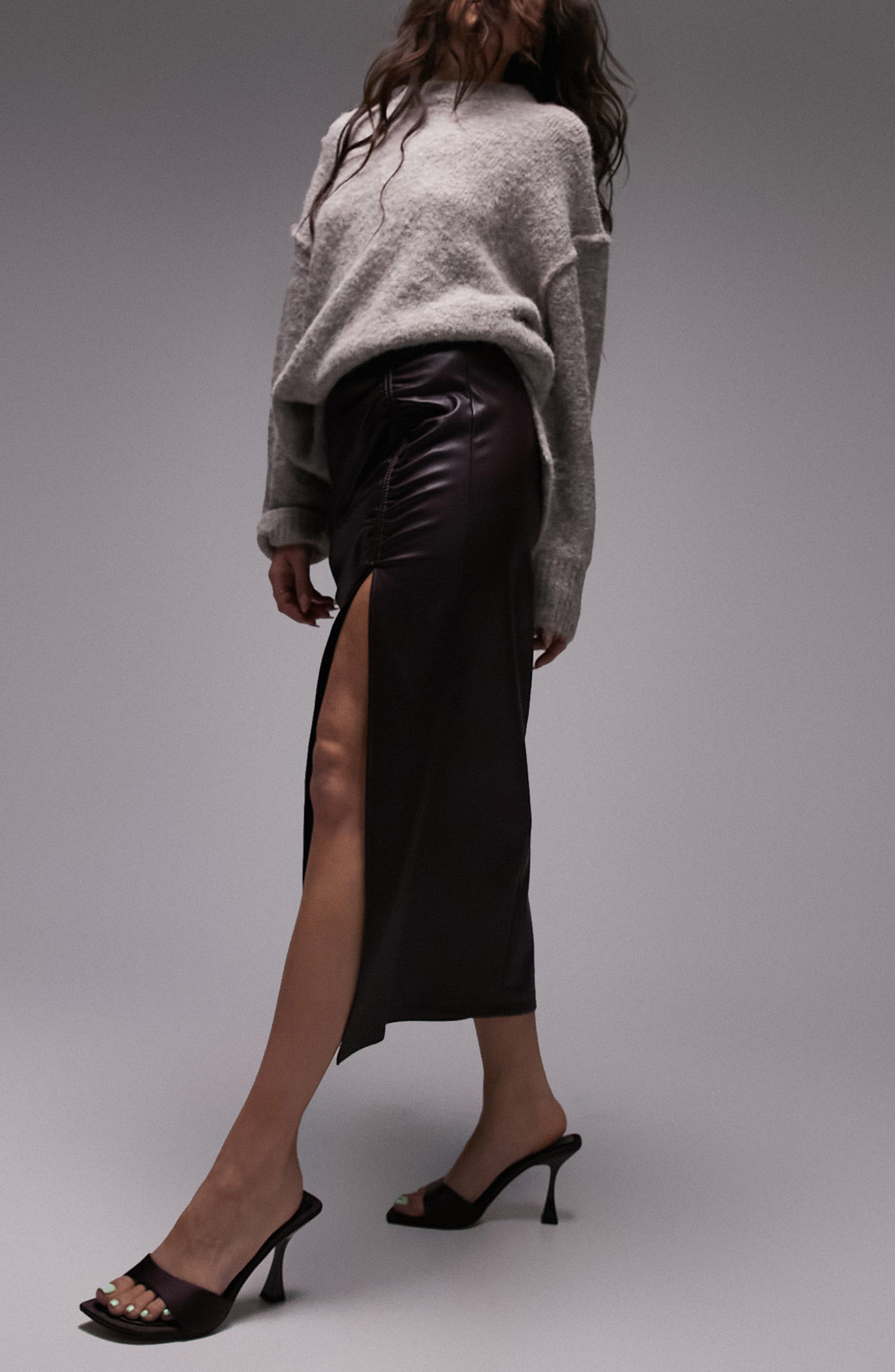 Topshop Side Ruched Faux Leather Midi Skirt (Women) | Nordstromrack
