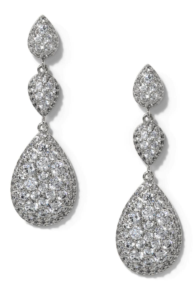 Crushed Pavé Triple Drop Earrings, Alternate, color, RHODIUM
