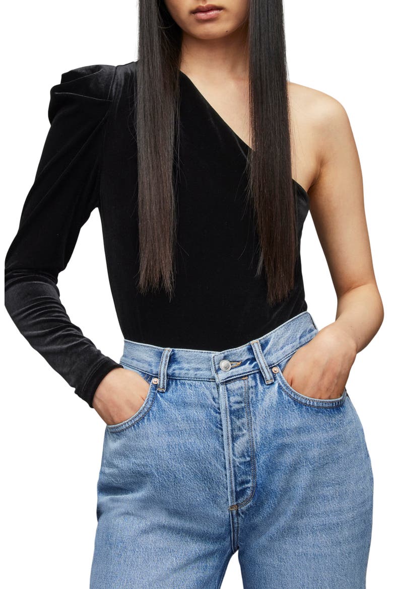 Daphne One-Shoulder Velvet Bodysuit, Main, color, BLACK