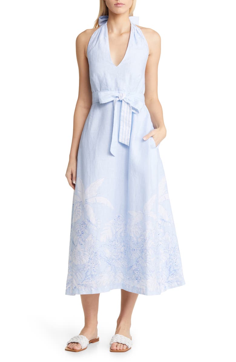 Tommy Bahama Totally Toile Halter Neck Linen Midi Dress, Main, color,