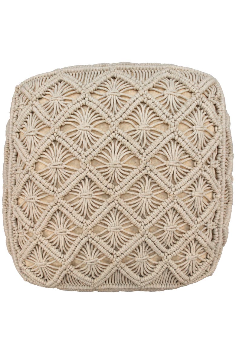 18" Beige Handmade Macrame Natural Cotton Square Pouf Ottoman, Alternate, color, Ivory