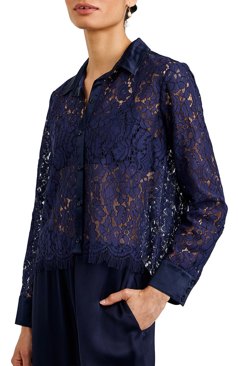Bella Dahl Lace & Satin Button-Up Shirt, Alternate, color, Midnight Sky