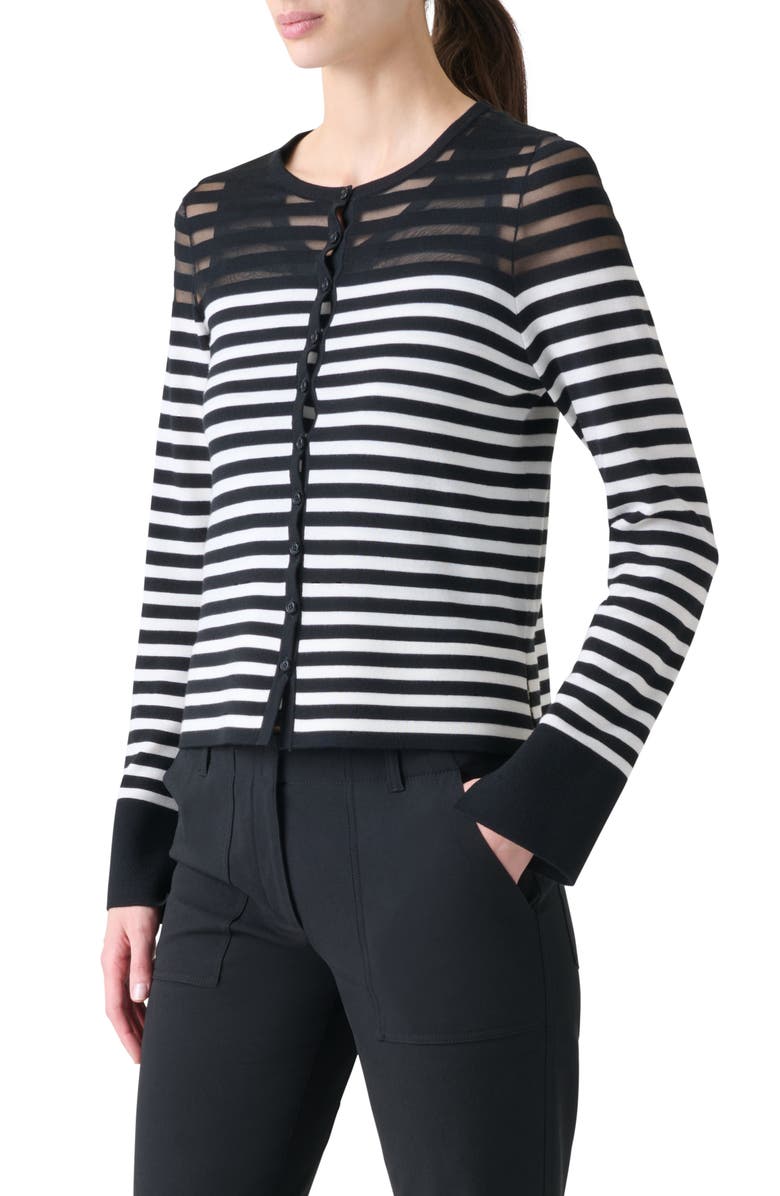 Akris punto Stripe Virgin Wool Blend Cardigan, Alternate, color, Black-Cream