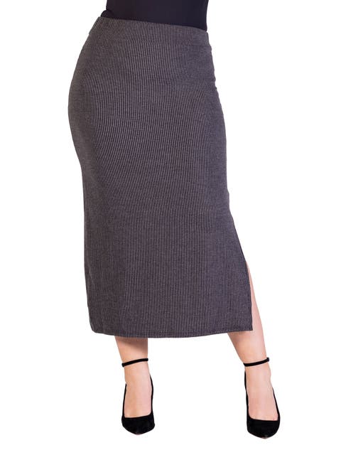 Ribbed Knit Side Slit Elastic Waist Maxi Skirt