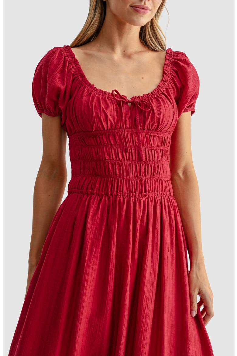 Puff Sleeve Shirred Midi Dress, Alternate, color, CHERRY RED
