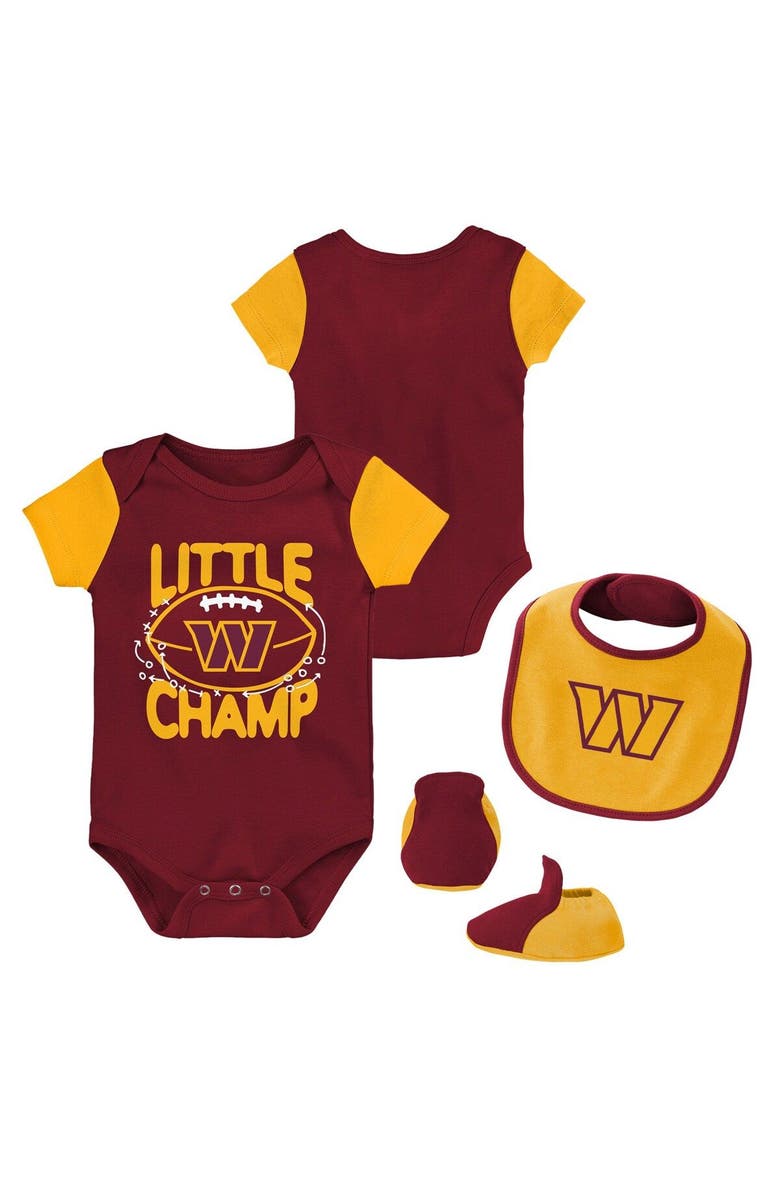 Outerstuff Newborn & Infant Burgundy/Gold Washington Commanders Little Champ Three-Piece Bodysuit Bib & Booties Set, Main, color, Burgundy