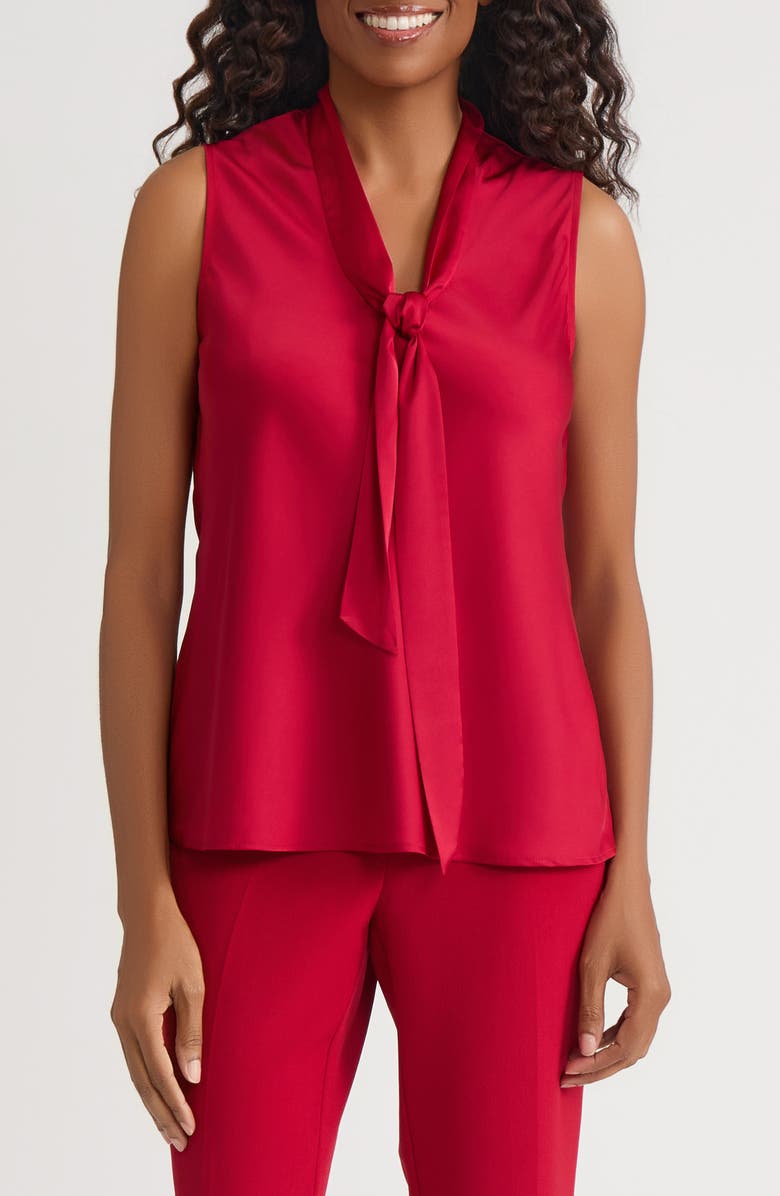 KASPER Bow Detail Sleeveless Satin Top, Main, color, Fire Red