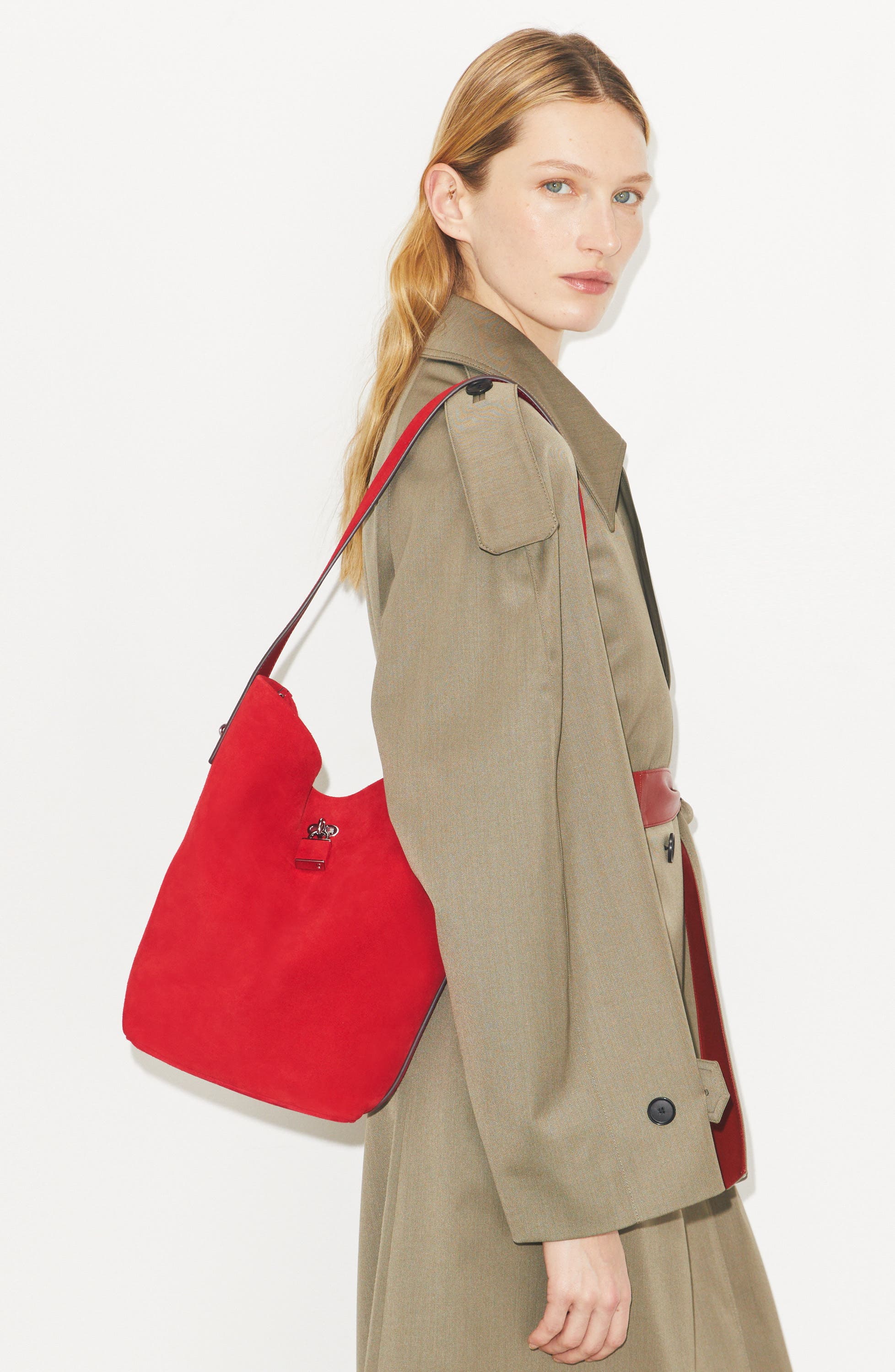 Tory Burch Slim Suede Bucket Bag, Alternate, color, Red