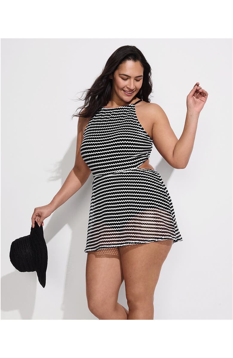 Lands' End Plus Size Crochet Monokini Swim Dress Swimsuit, Alternate, color, Black/White