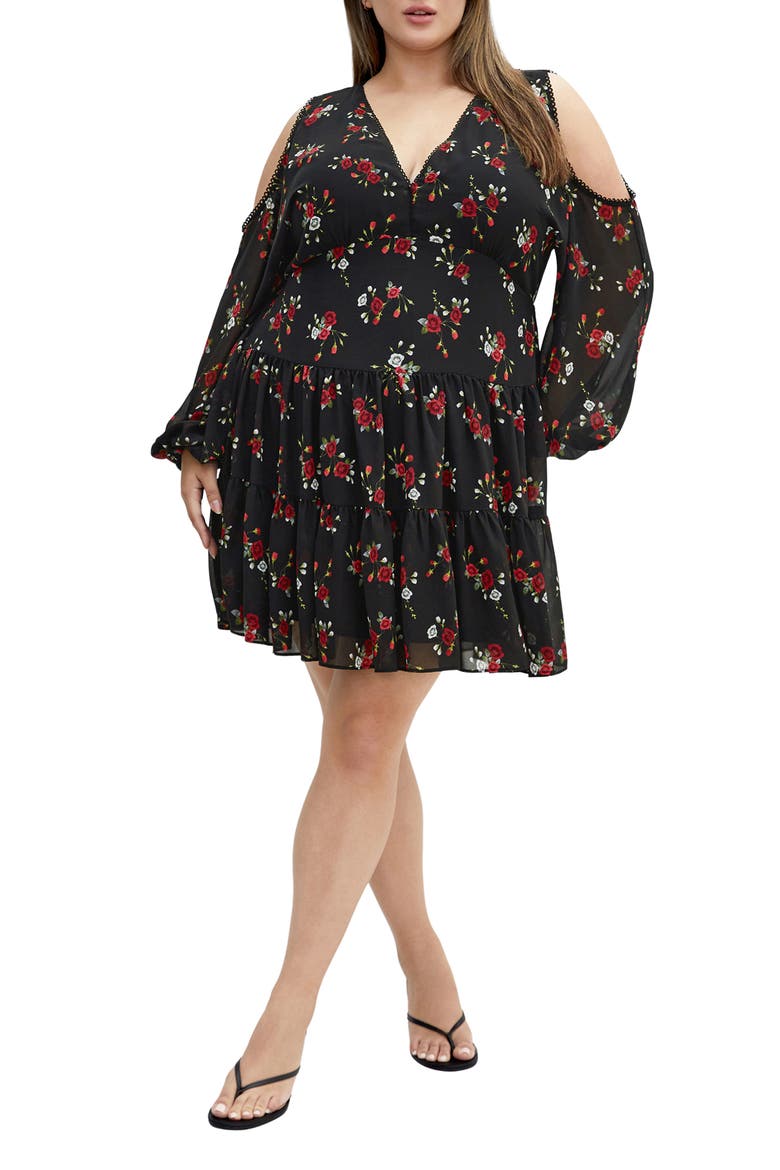Maria Cold Shoulder Long Sleeve Minidress, Main, color, DOLCE DITSY BLK