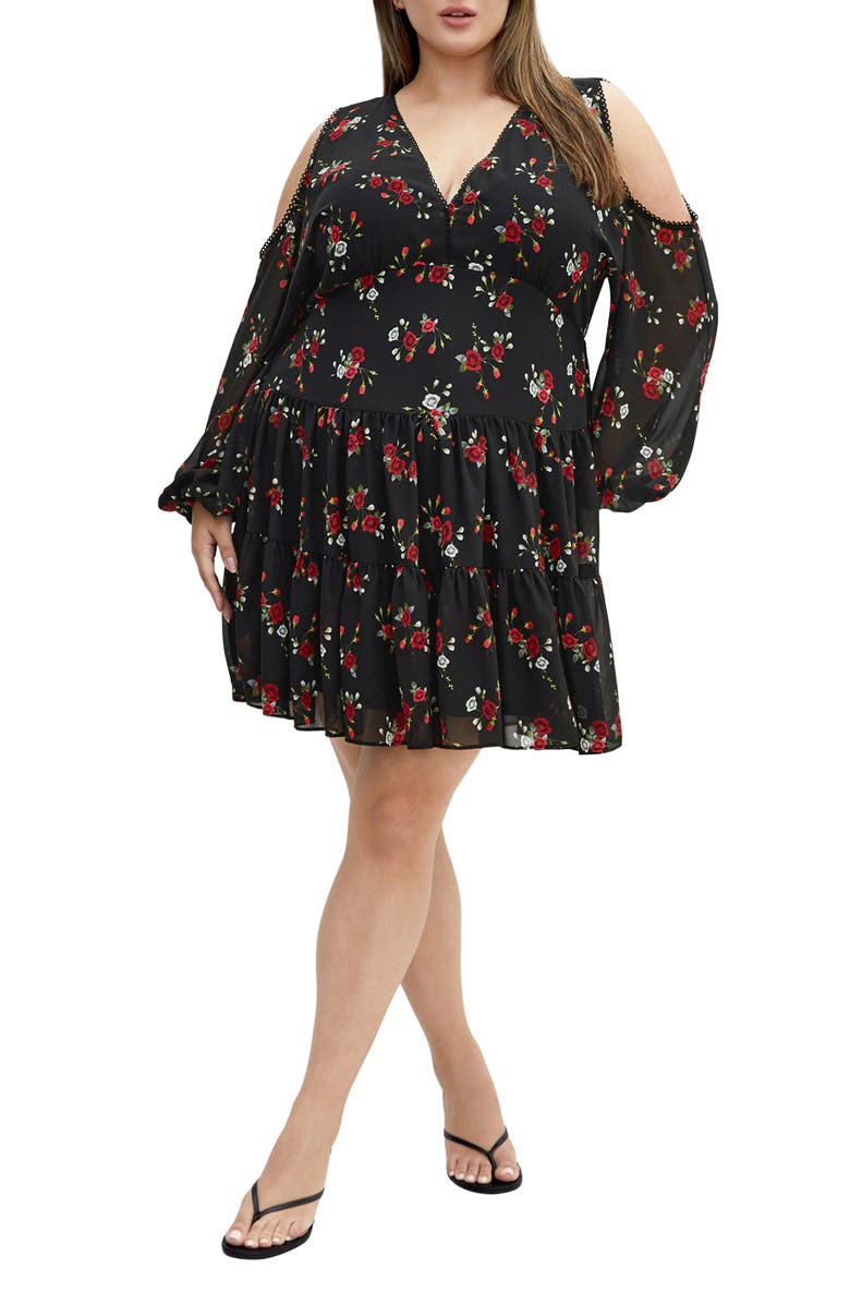 City Chic Maria Cold Shoulder Long Sleeve Minidress, Main, color, Dolce Ditsy Black