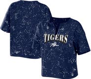 WEAR by Erin Andrews Women's WEAR by Erin Andrews Navy Jackson State Tigers Bleach Wash Splatter Cropped Notch Neck T-Shirt
