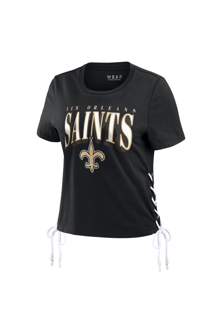 Women's WEAR by Erin Andrews Black New Orleans Saints Lace Up Side Modest Cropped T-Shirt, Alternate, color, Black