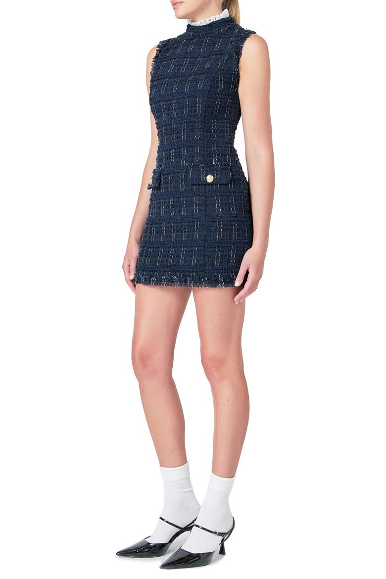 Lace Sleeveless Tweed Minidress, Alternate, color, NAVY