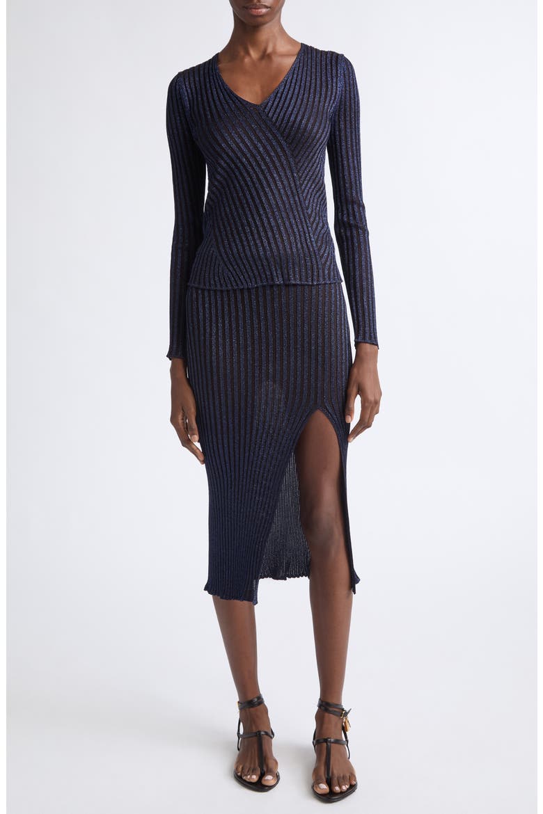 Metallic Rib Midi Skirt, Alternate, color, DARK BLUE