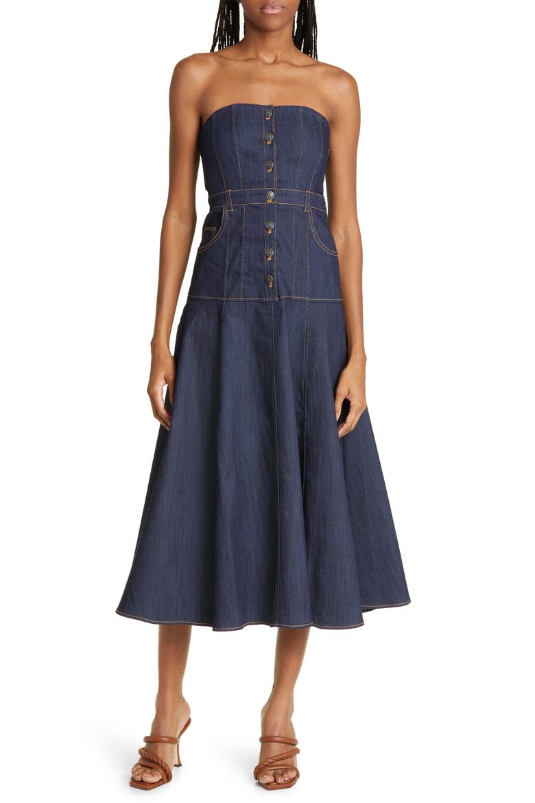 Veena Strapless Denim Midi Dress, Main, color, INDIGO