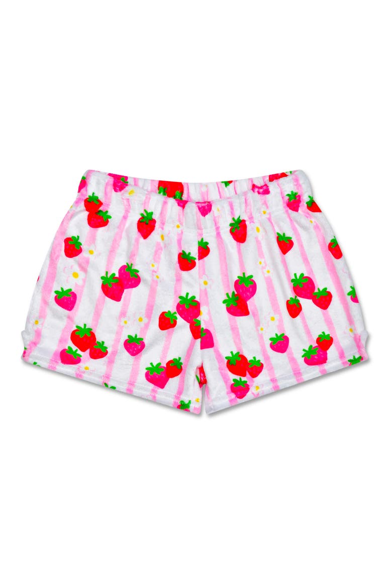 Kids' Strawberry Stripes Plush Shorts, Main, color, PINK MULTI