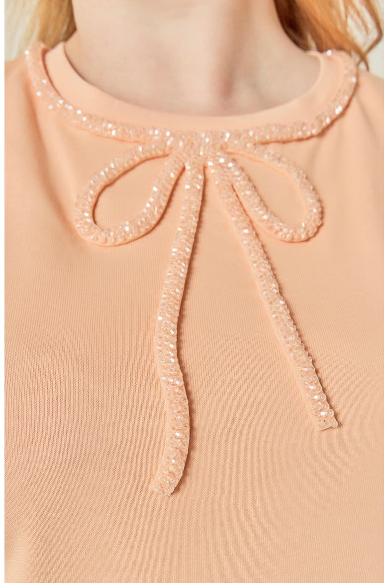 Beaded Bow Cotton T-Shirt, Alternate, color, PEACH