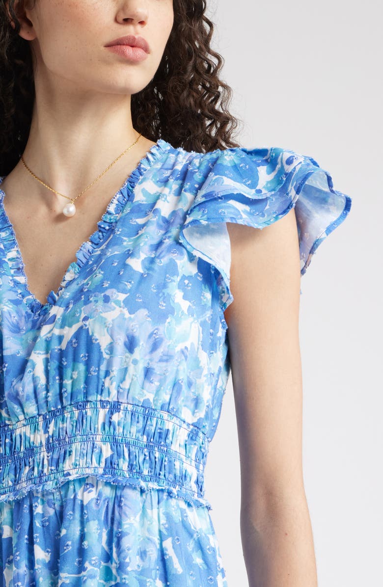 Chelsea28 Flutter Sleeve Tiered Cotton Midi Sundress, Alternate, color, Blue- Tiana Floral