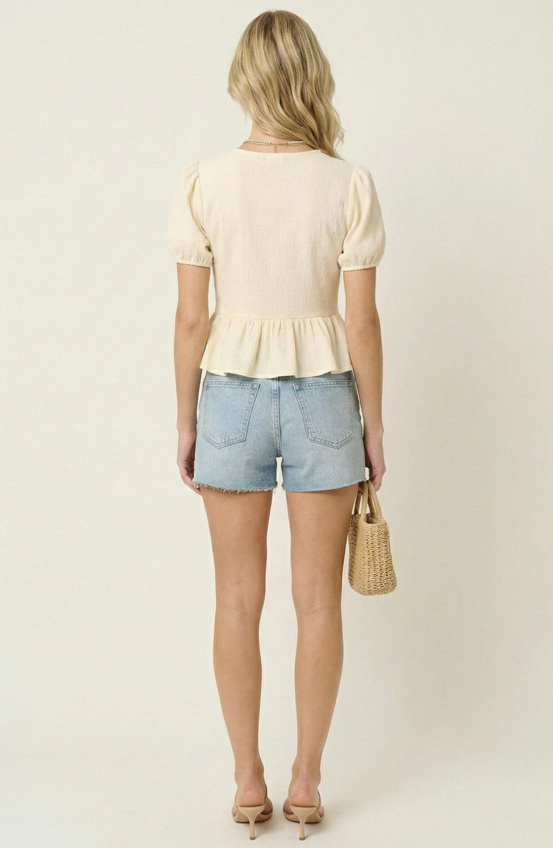 Modenaire Puff-Sleeve Bow-Tie Front Peplum Blouse, Alternate, color, Cream