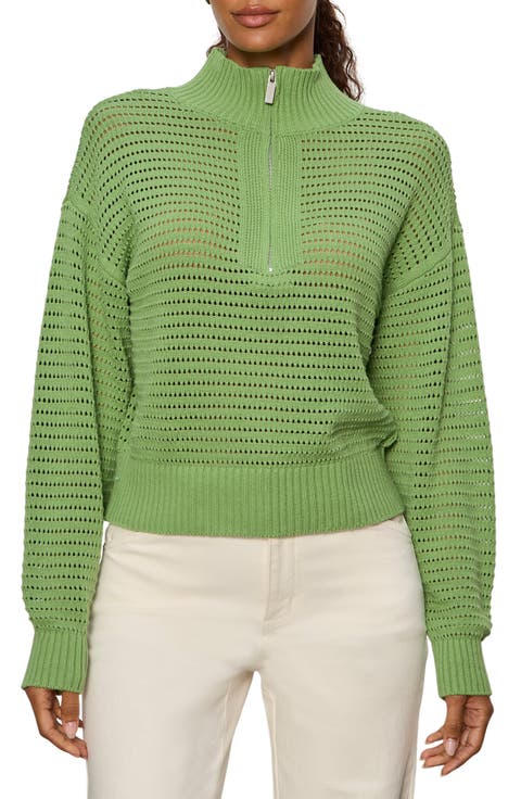 Open Stitch Half-Zip Cotton Blend Sweater