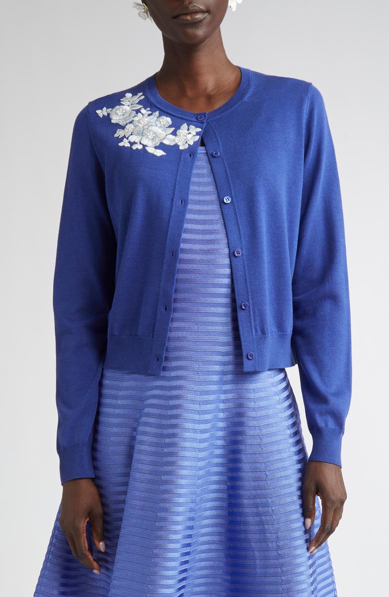 Carolina Herrera Floral Embroidered Silk & Cotton Cardigan, Main, color, Nautilus Multi