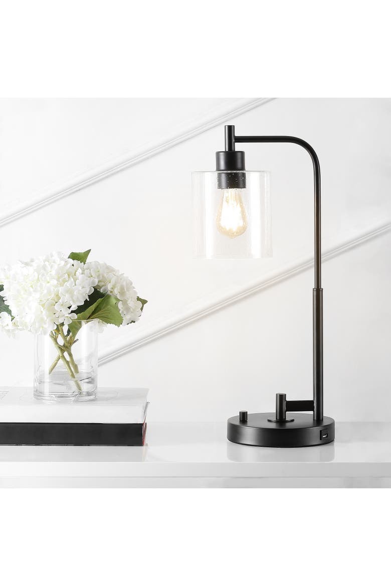 Axel Modern 23" Iron/Seeded Glass Farmhouse Industrial USB Charging LED Task Lamp, Black, Alternate, color, Black