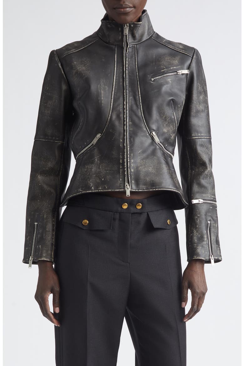 Crop Brushed Leather Jacket, Main, color, BLACK/ BROWN