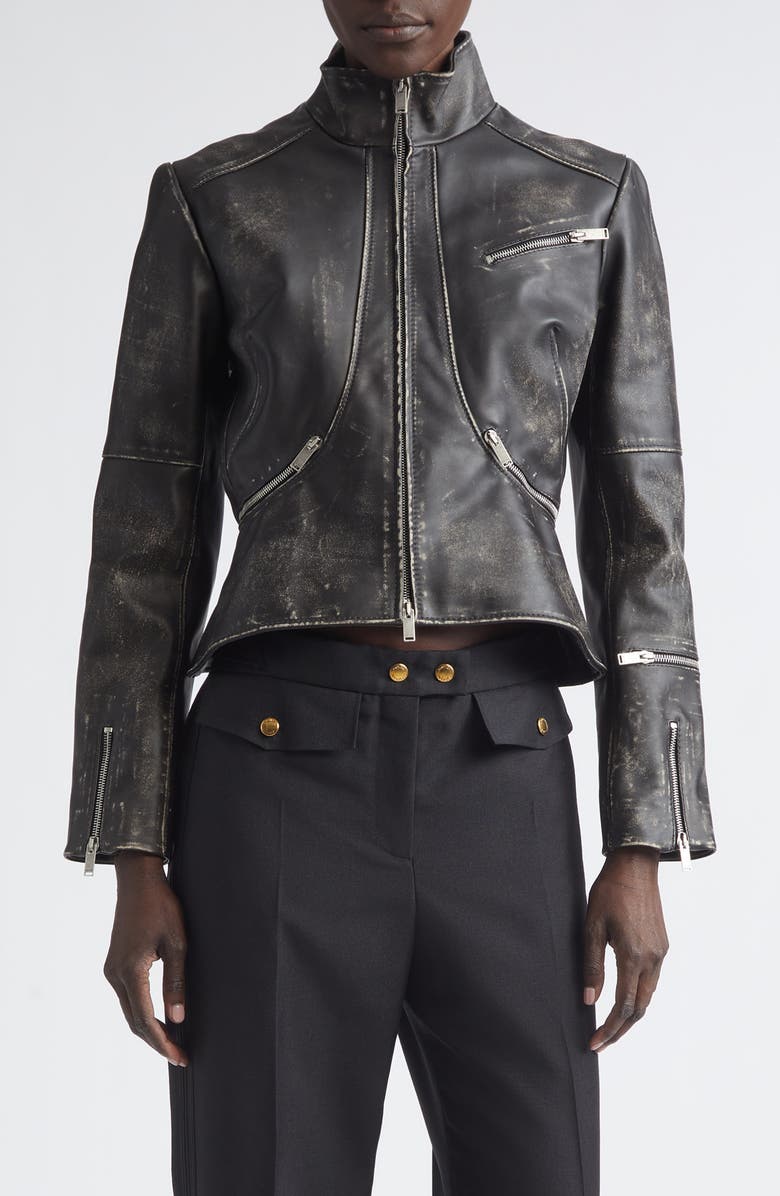 McQueen Crop Brushed Leather Jacket, Main, color, Black/ Brown