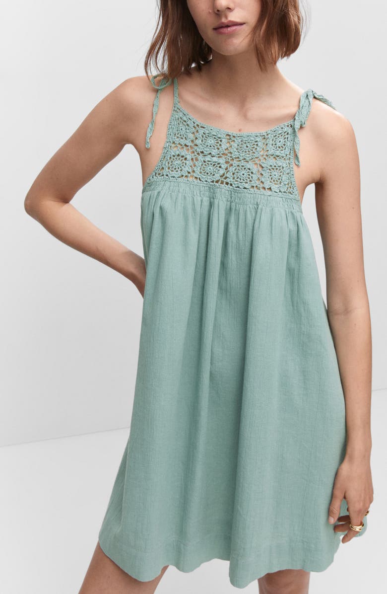 MANGO Crochet Yoke Tie Shoulder Babydoll Dress, Alternate, color,