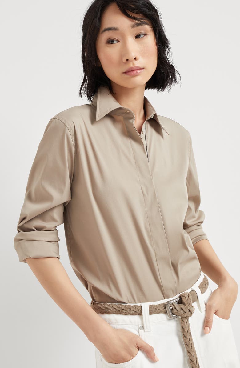 Brunello Cucinelli Stretch poplin shirt, Alternate, color, Brown