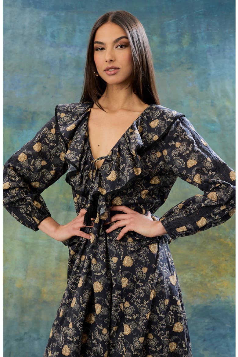 Ruffle Floral Print Long Sleeve Cotton Midi Dress, Alternate, color, BLACK/ TAUPE/ CREAM