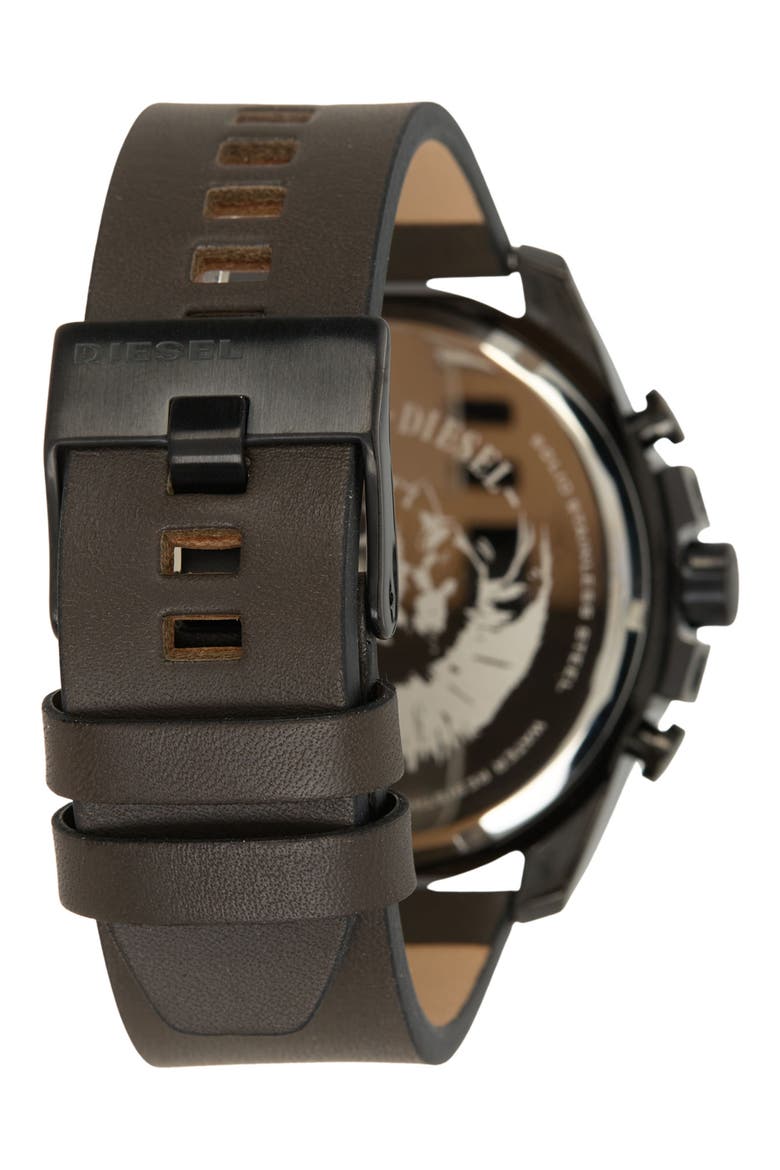 DIESEL Men's Mega Chief Leather Strap Chronograph Watch, 45mm, Alternate, color, BLACK