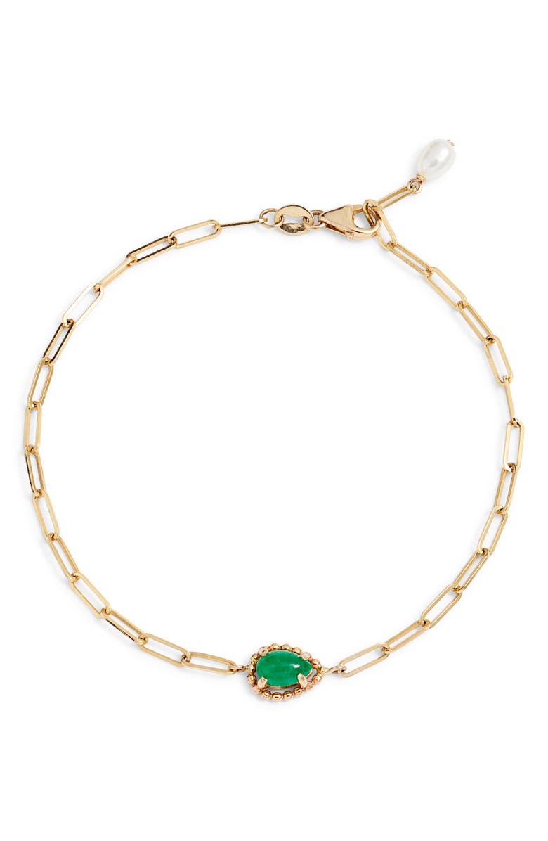 Poppy Finch Emerald Cabochon & Freshwater Pearl Paper Clip Bracelet, Main, color,