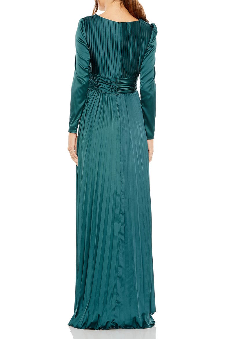 Long Sleeve Faux Wrap Pleated Satin Gown, Alternate, color, Ocean