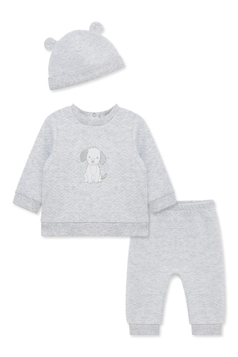 Kids' Puppy 3-Piece Quilted Sweatshirt, Pants & Hat Set, Main, color, WHITE/GREY