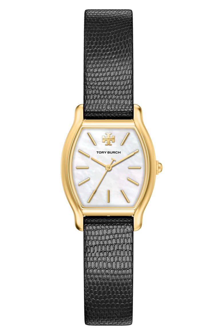 The Small Eleanor Small Curve Leather Strap Watch, 23mm x 31mm, Main, color, BLACK