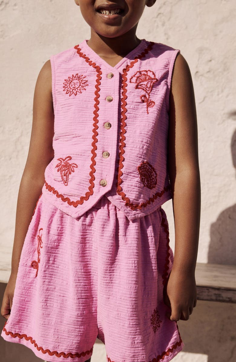 NEXT Kids' Embroidered Stretch Cotton Vest & Shorts Set, Alternate, color, Pink