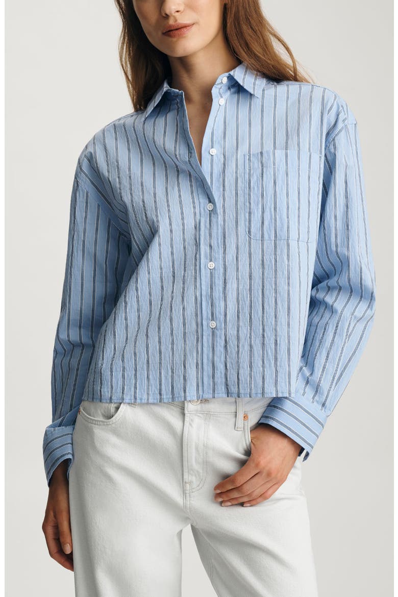 Stripe Long Sleeve Crop Cotton Blend Button-Up Shirt, Main, color, BLUE STRIPED