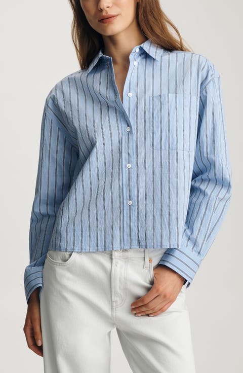 Stripe Long Sleeve Crop Cotton Blend Button-Up Shirt
