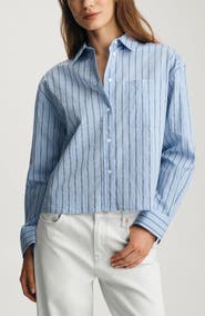 Mavi Jeans Stripe Long Sleeve Crop Cotton Blend Button-Up Shirt