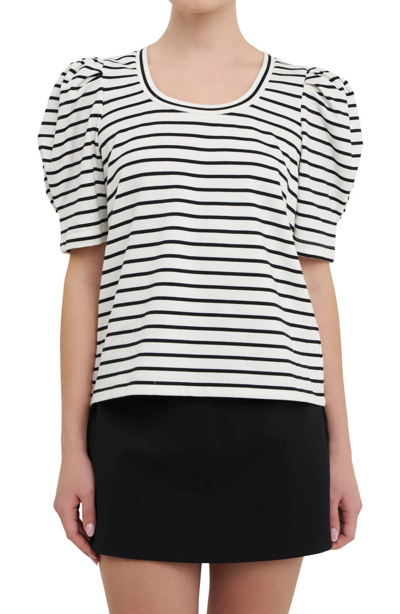 English Factory Stripe Pleated Puff Sleeve T-Shirt, Alternate, color,